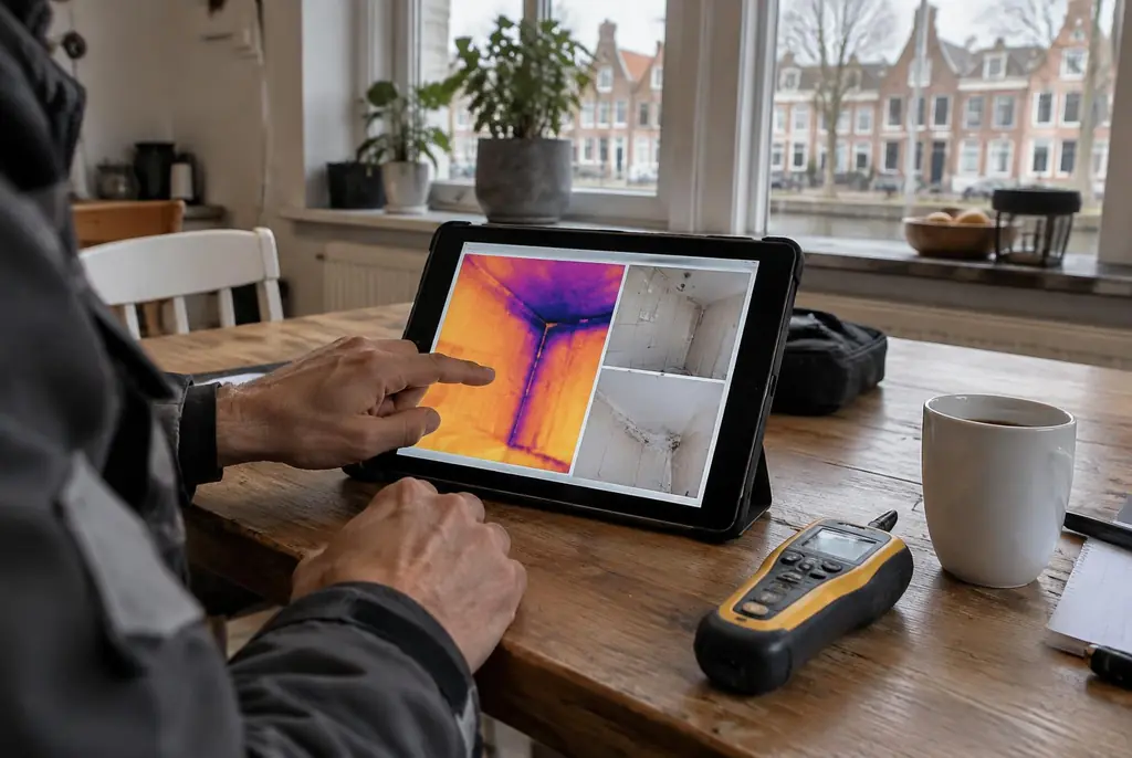 Lekdetectie Beverwijk – lekdetectierapport met warmtebeelden en foto's op een tablet