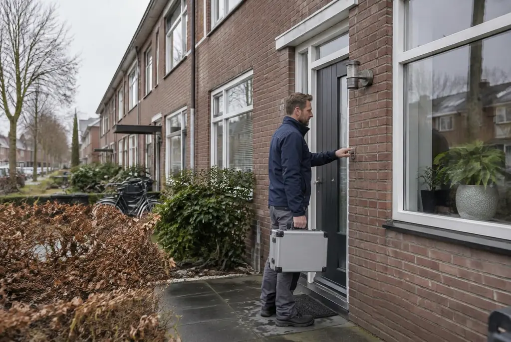 Lekdetectiespecialist met meetkoffer bij de voordeur van een woning in Beverwijk